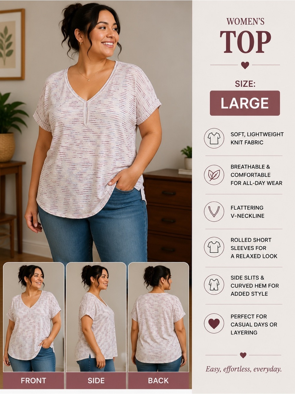 bobeau Cream Heathered Short Sleeve V-Neck with Red Slub Detail LARGE